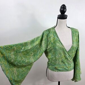 Silk Blend Green Paisley Wrap Top Women S-L Boho Bell Sleeve Festival V-Neck